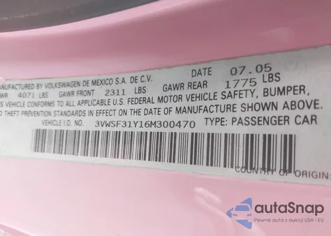 2006 Volkswagen New Beetle 2.5 из США, поврежденный, VIN 3VWSF31Y16M300470